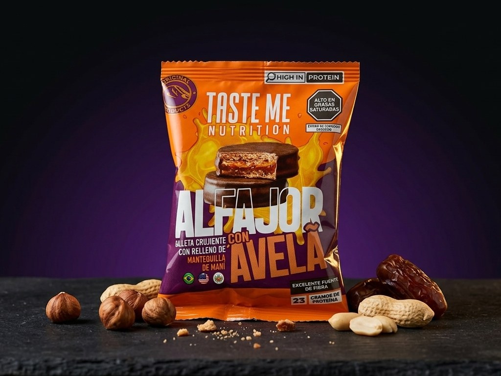 Taste Me Protein Alfajor con Avellana, packaging naranja