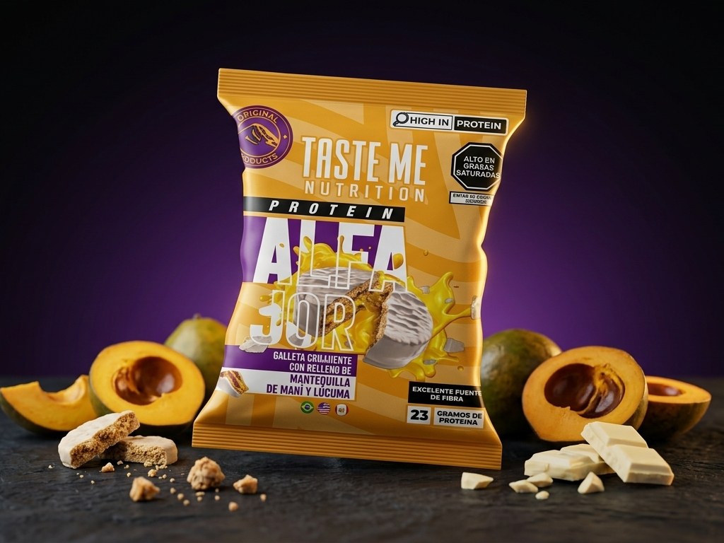 Taste Me Protein Alfajor de Lúcuma, packaging amarillo